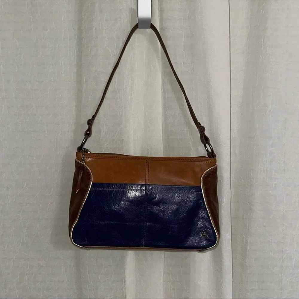 The Sak Blue Brown Gold Trim Genuine Leather Hobo Purse